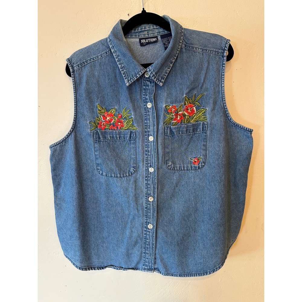Solutions Casualwear Denim Vest XL Blue Floral Embroidered Button Front Y2K